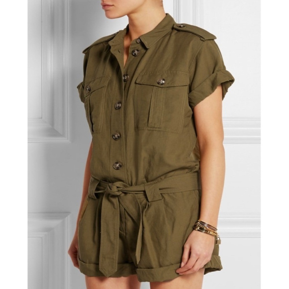 Burberry Brit Silk Linen Blend Olive Green Utility Safari Romper LARGE